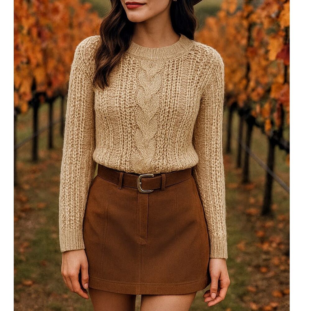 Small Tan Cable Knit Lightweight Apricot Long Sleeve Stretchy Acrylic Sweater